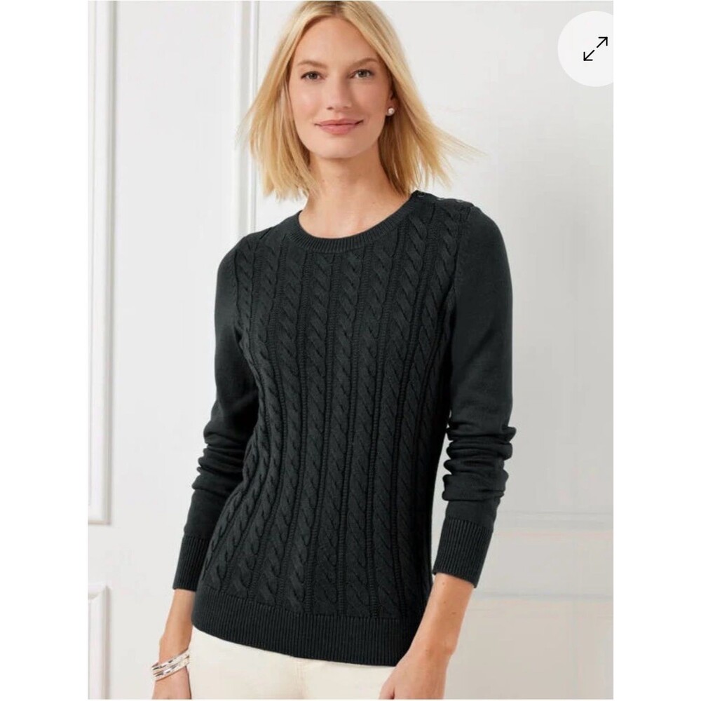 Talbots Black Cable Knit Sweater Petite Small Gold Button Preppy Classic